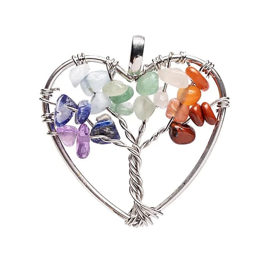 Collana ciondolo albero della vita con pietre naturali contornato da un cuore finitura argento