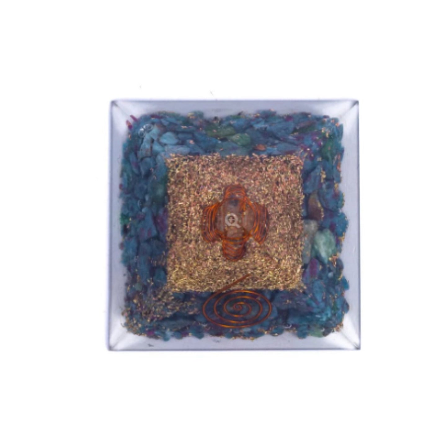 Piramide Orgonite con Rubino e Cianite con simbolo a spirale 7 x 7 x 6 cm