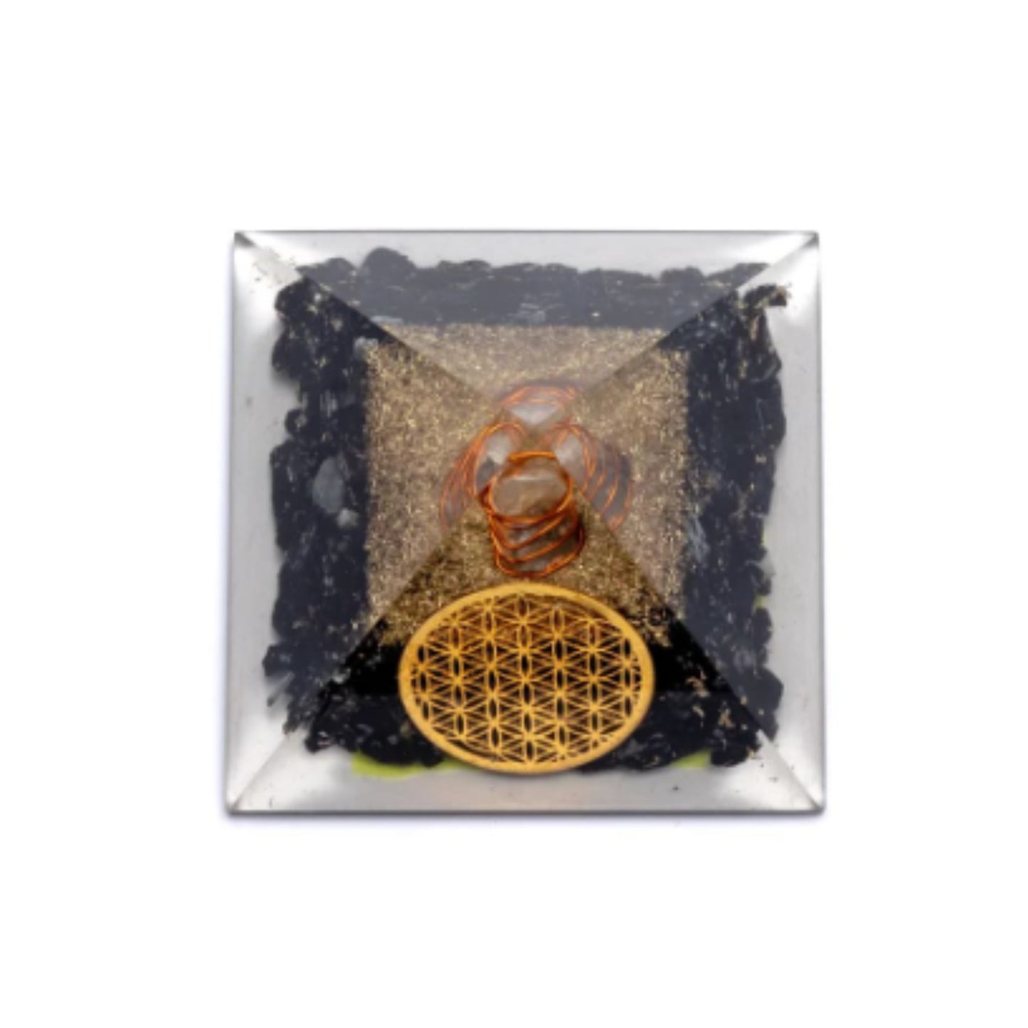 Piramide Orgonite con Tormalina Nera e Cristallo di Rocca con simbolo Fiore della Vita 7 x 7 x 6 cm