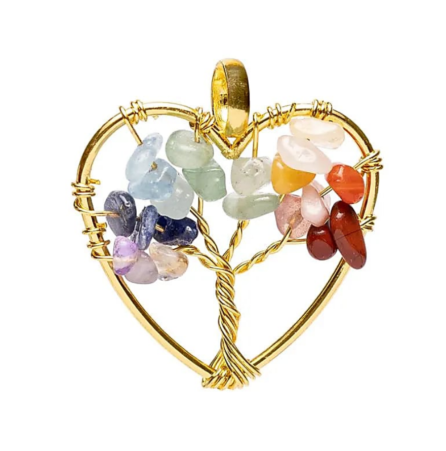 Collana ciondolo albero della vita con pietre naturali contornato da un cuore, finitura colore oro