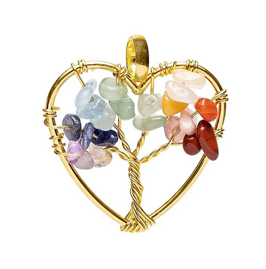Collana ciondolo albero della vita con pietre naturali contornato da un cuore, finitura colore oro