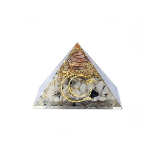 Piramide Orgonite con pietra di Luna con simbolo della Luna