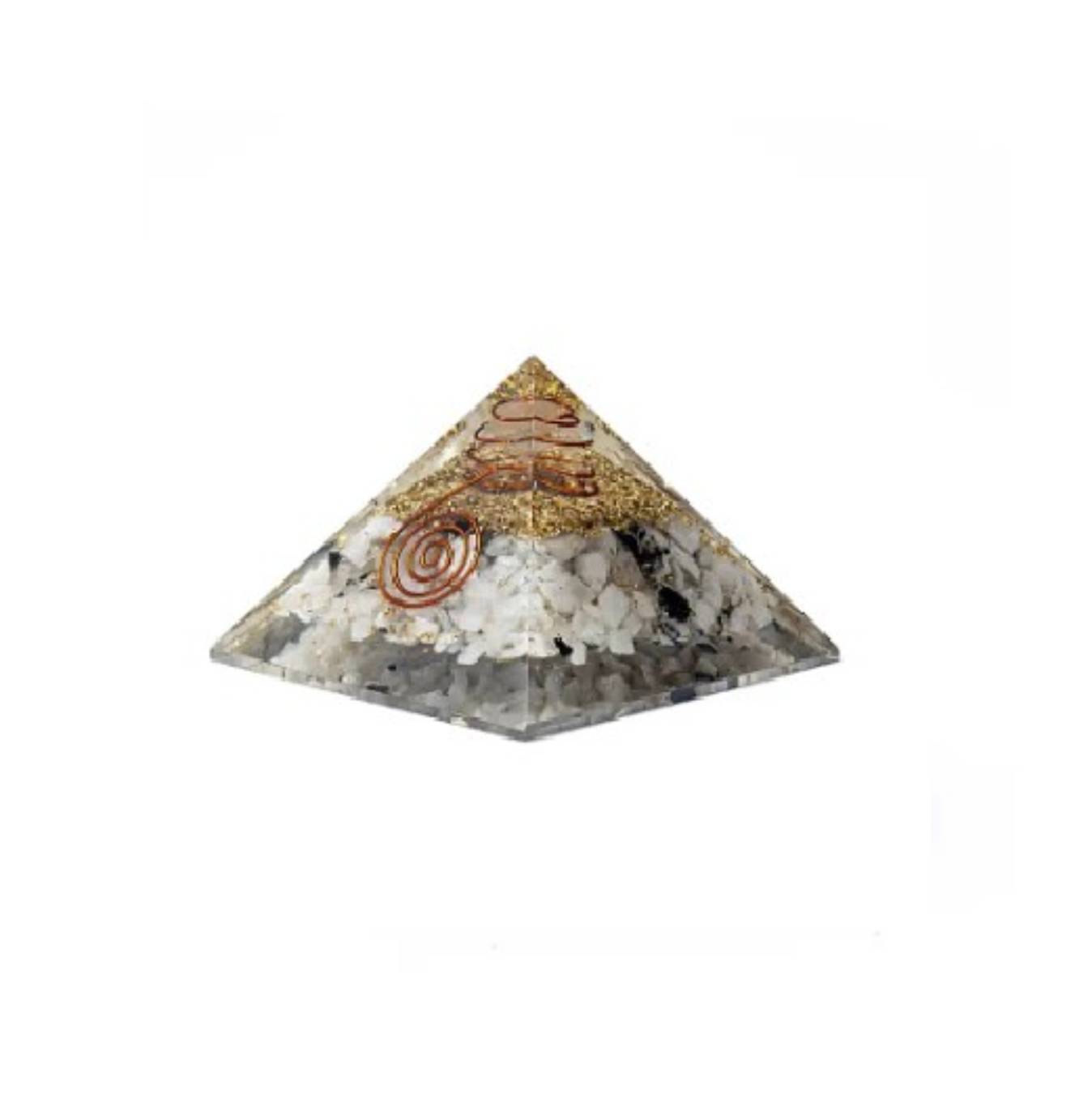 Piramide Orgonite con pietra di Luna con simbolo della Luna 7,5 x 7,5 x 6 cm
