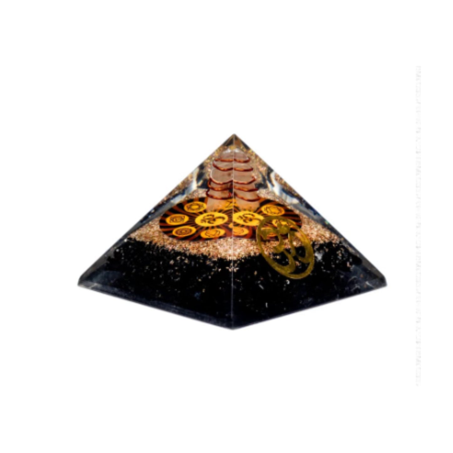 Piramide Orgonite Chakra con Tormalina Nera e simbolo Ohm