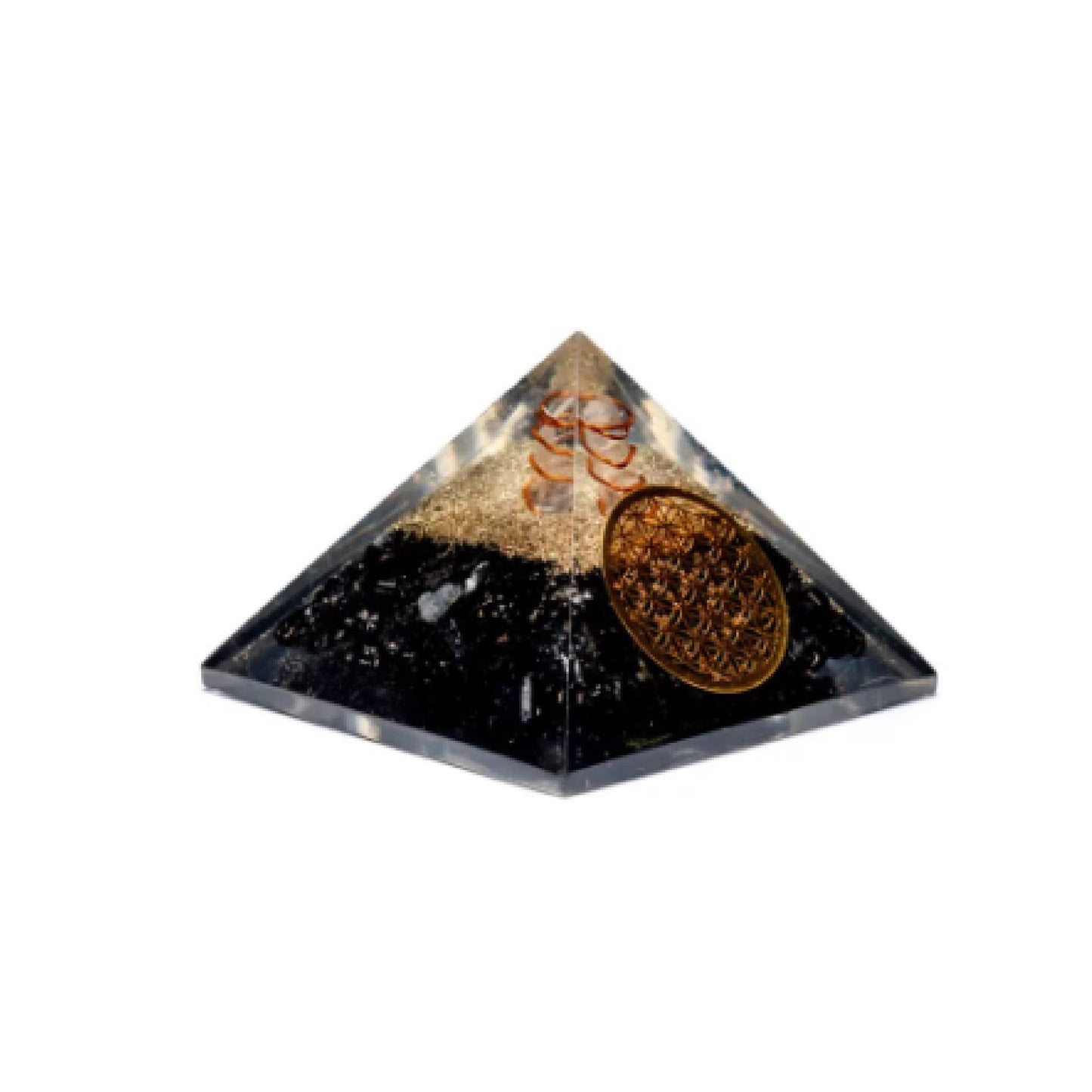 Piramide Orgonite con Tormalina Nera e Cristallo di Rocca con simbolo Fiore della Vita