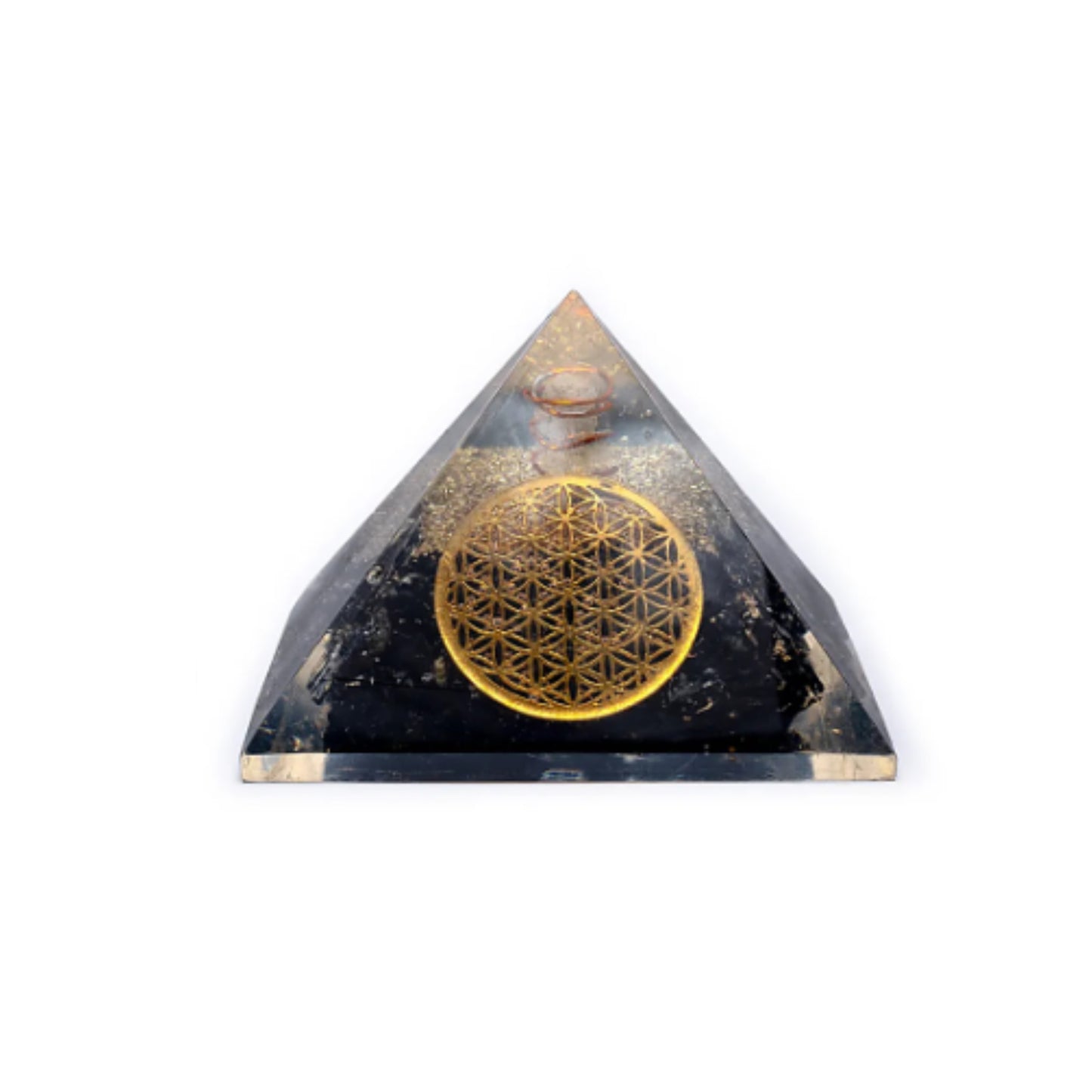 Piramide Orgonite con Tormalina Nera e Cristallo di Rocca con simbolo Fiore della Vita