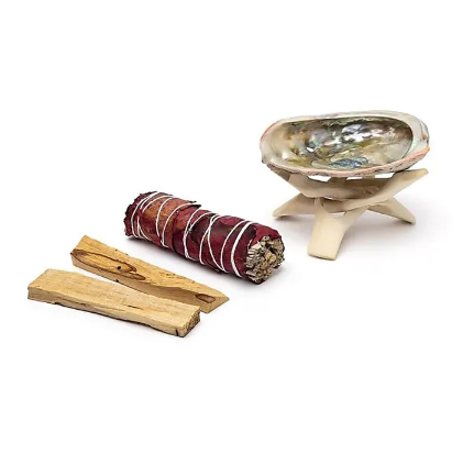 Confezione regalo, salvia bianca con petali di rosa, Palo Santo, supporto in legno e Conchiglia.