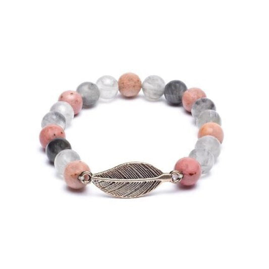 Braccialetto elastico "Mala" con Rodonite e Quarzo Grigio con ciondolo a forma di piuma