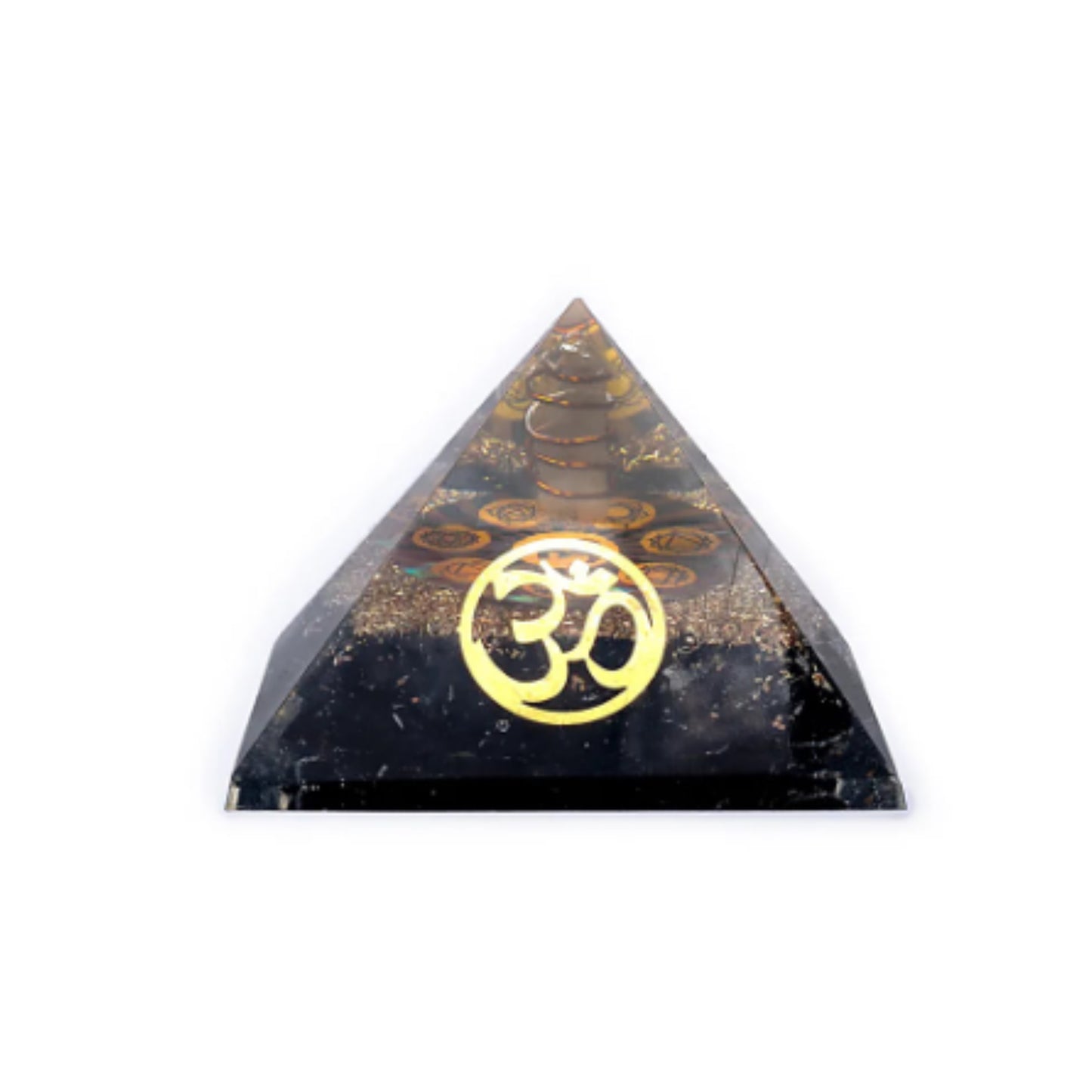 Piramide Orgonite Chakra con Tormalina Nera e simbolo Ohm