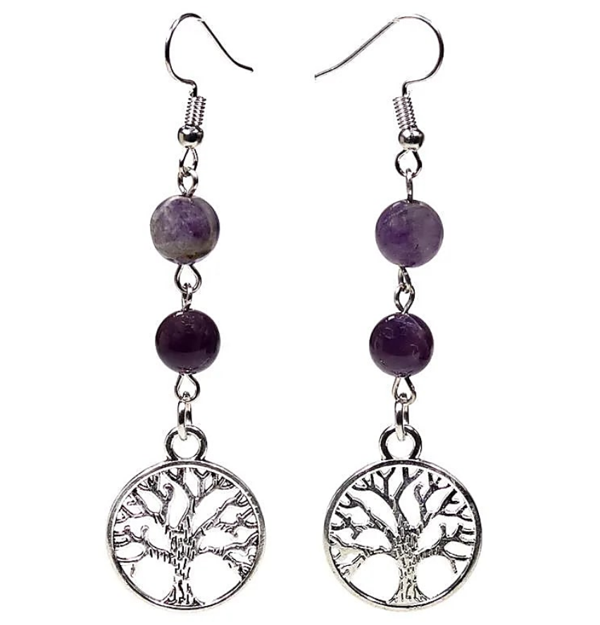 Orecchini Fluorite/Ametista con Albero della vita