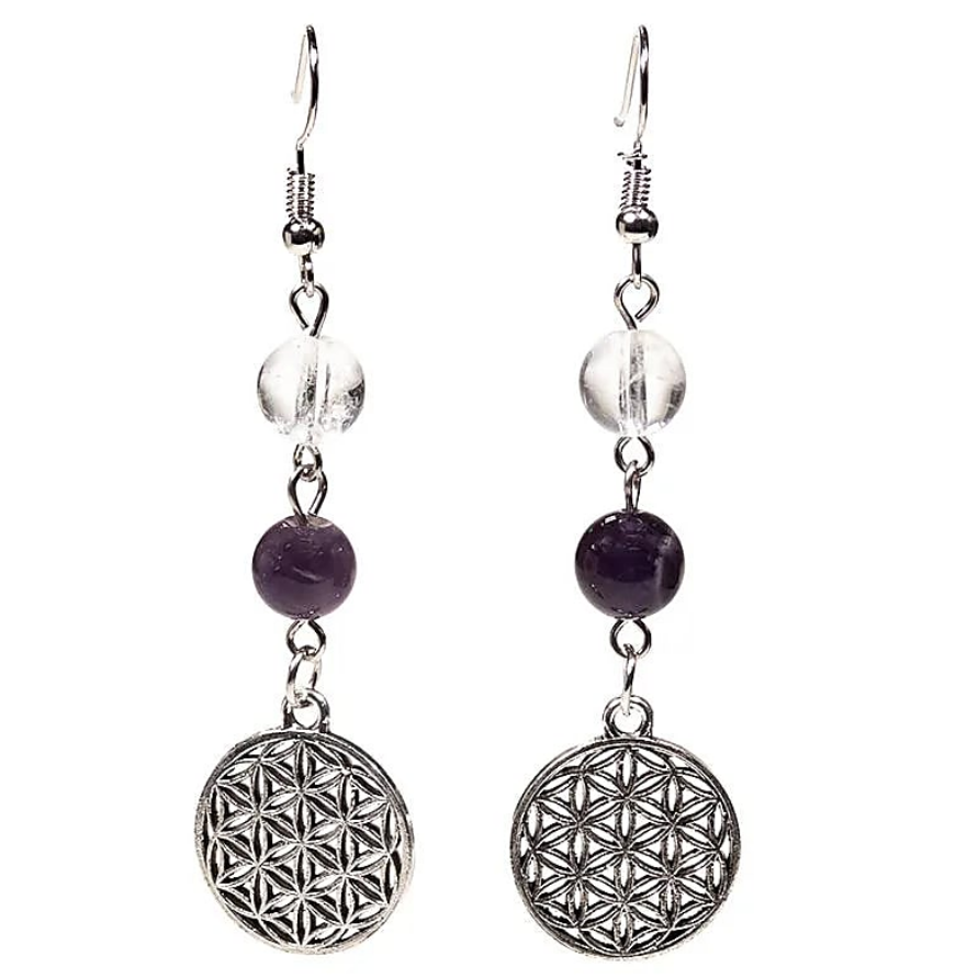 Orecchini Cristallo di rocca/Ametista + Fiore della vita