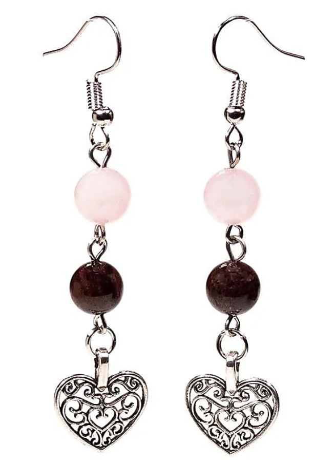 Orecchini Granato/Quarzo rosa con cuore