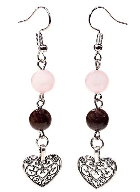 Orecchini Granato/Quarzo rosa con cuore