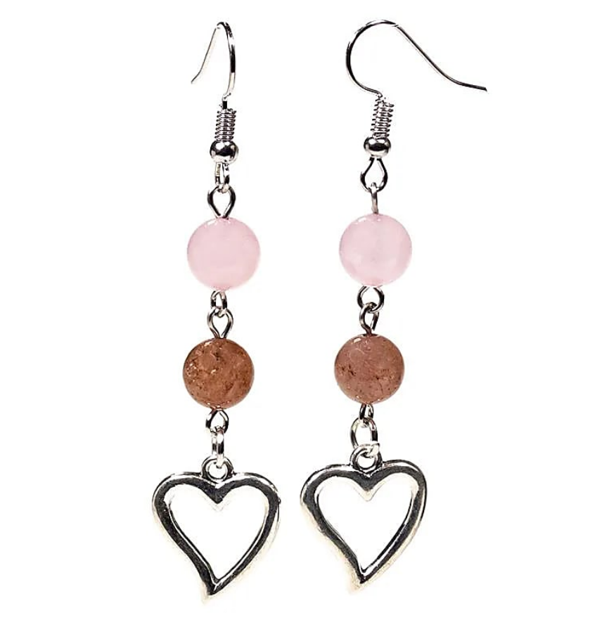 Orecchini Quarzo rosa/Quarzo fragola con cuore