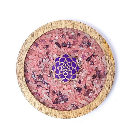 Sottobicchiere in legno Loto, quarzo rosa e ametista